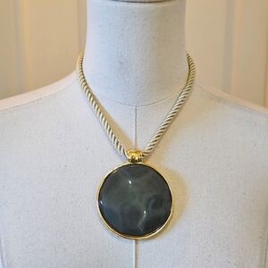 Chico's Statement Gunmetal Grey Pendant Hammered Gold Braided Cord Necklace NWOT